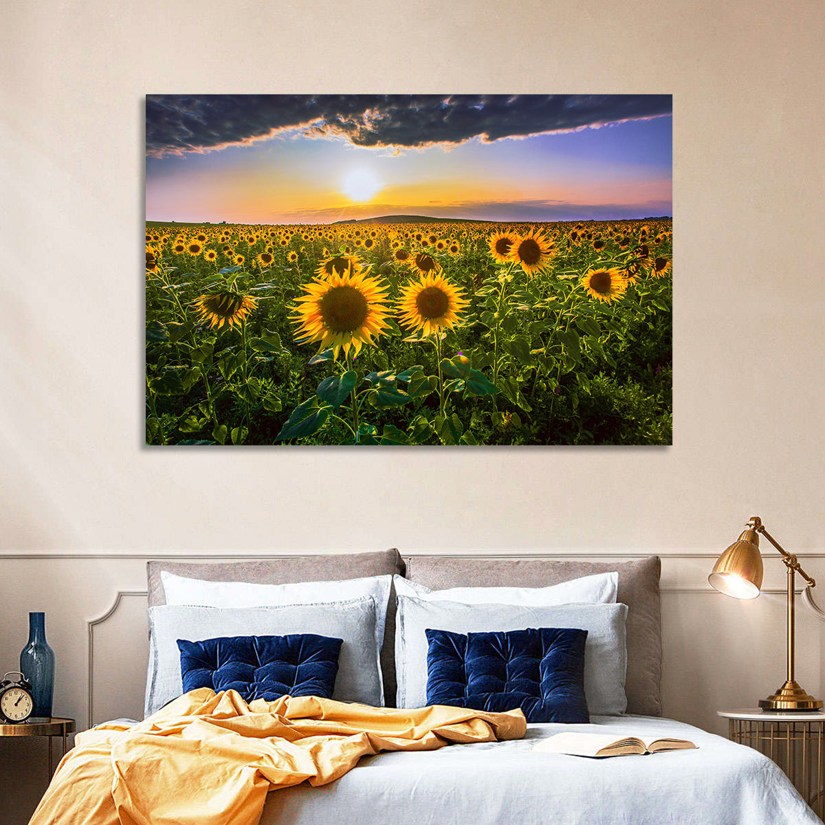 Sunflower Field at Golden Hour Wall Art in a room, landscape