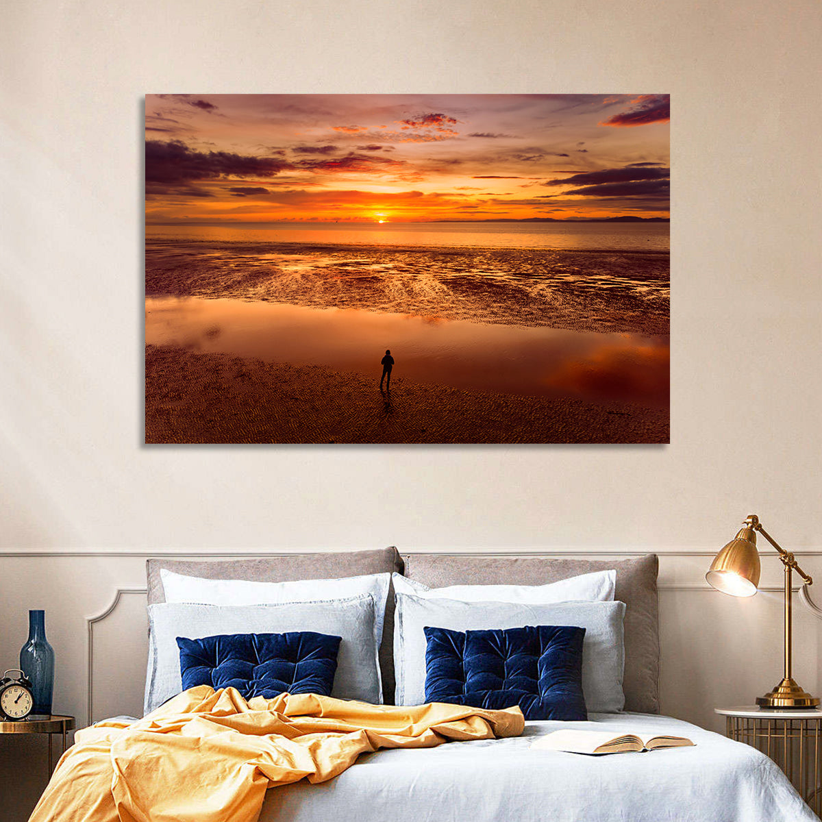 Solitary Figure on Sunset Shore Wall Art in a room, landscape