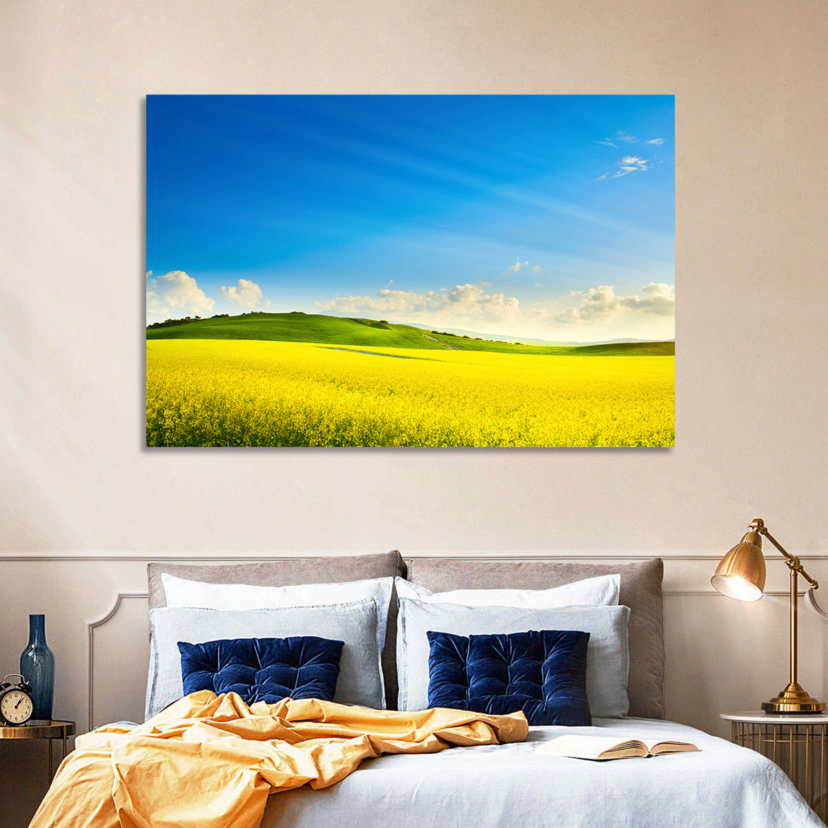 Rapeseed Field and Rolling Hills Under Blue Sky Wall Art in a room, landscape