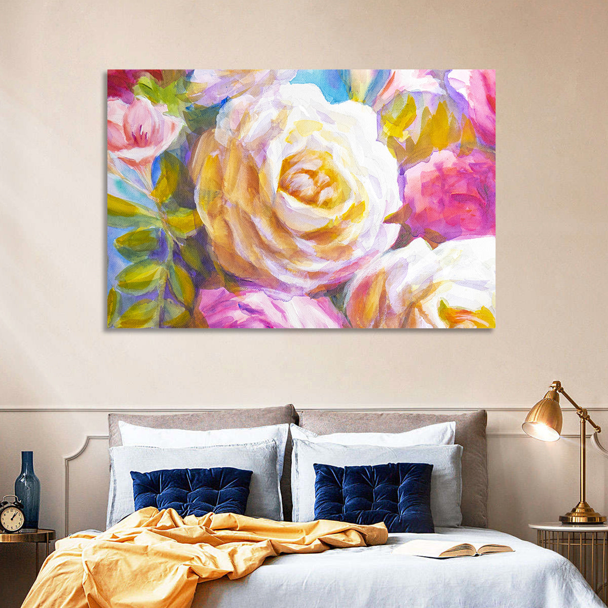White and Gold Rose Bouquet Wall Art
