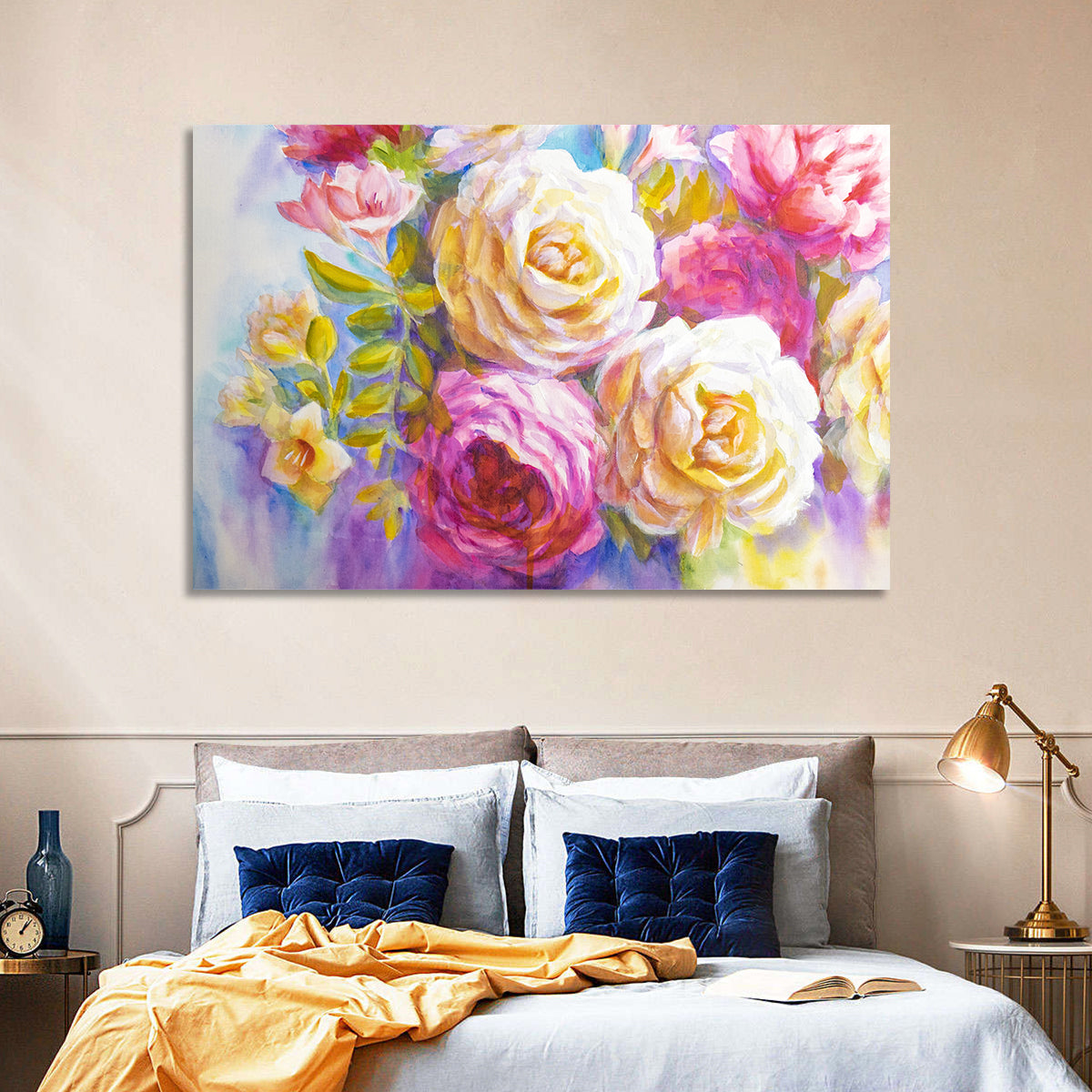 Layered Watercolor Rose Bouquet Wall Art in a room, landscape