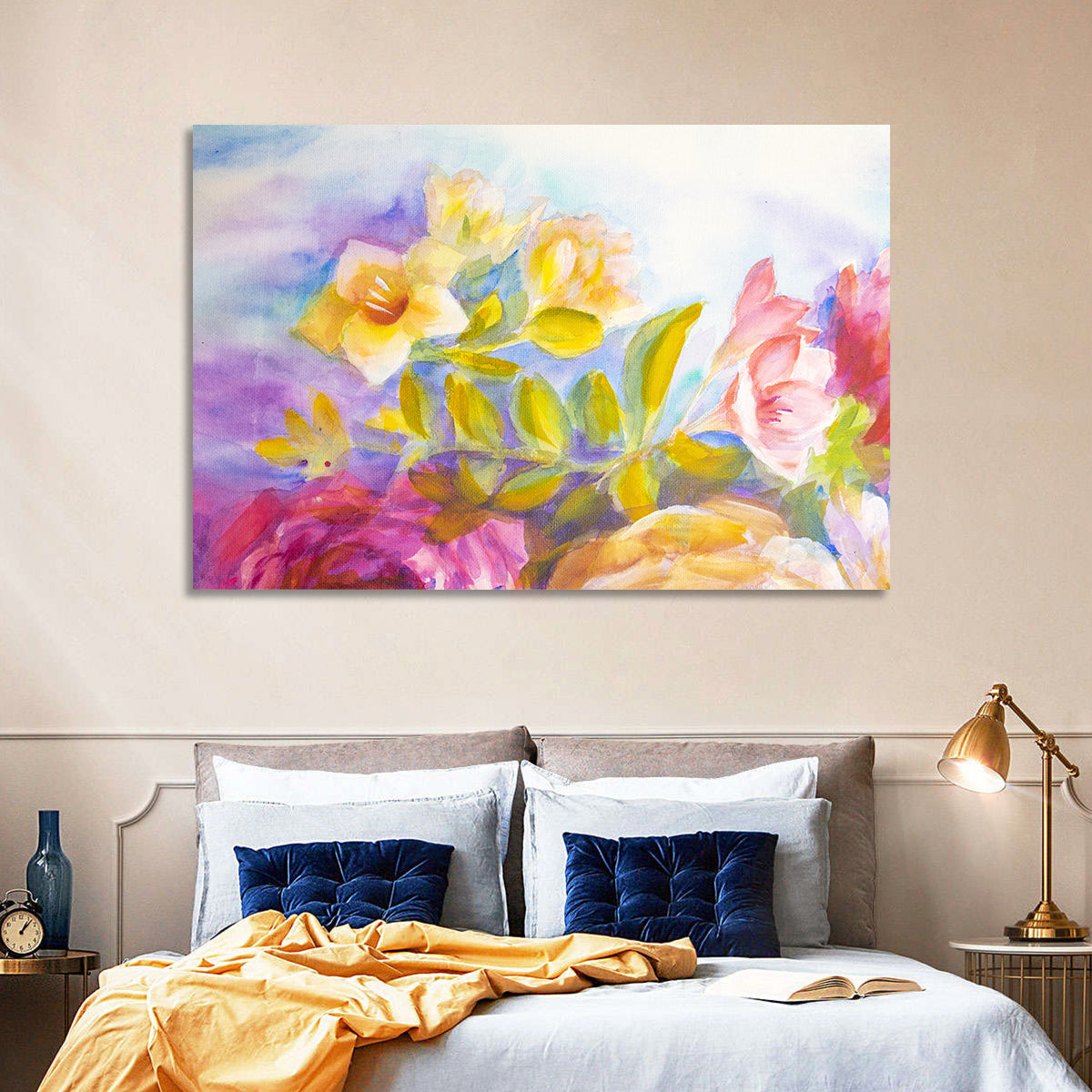 Pink and Yellow Watercolor Blossoms Wall Art in a room, landscape