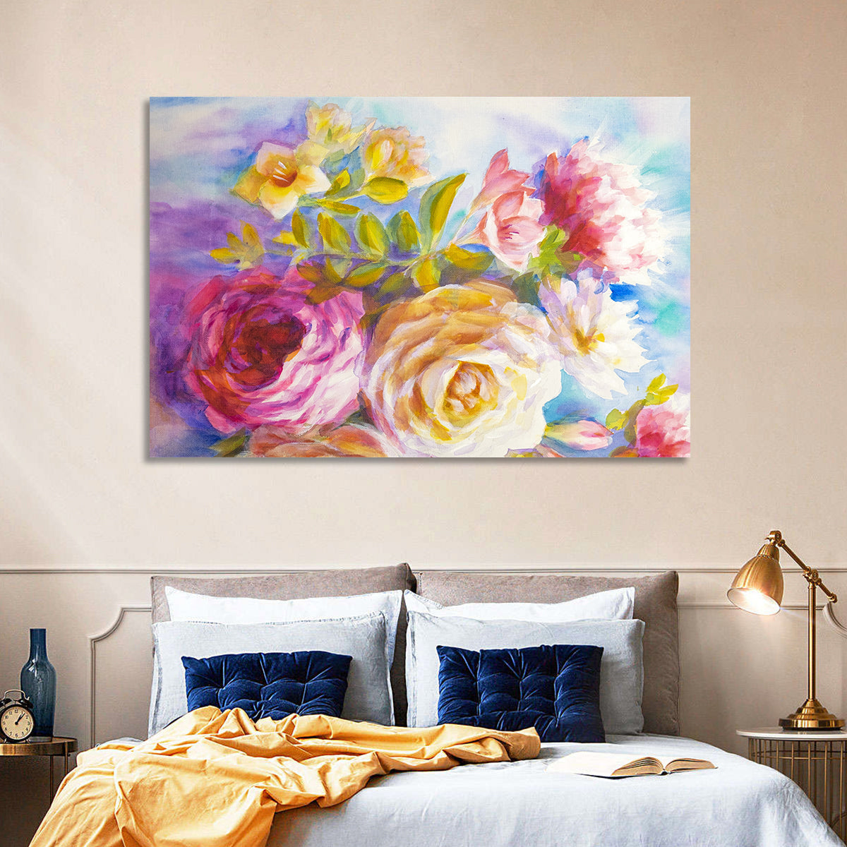 Painterly Peonies and Rose Bouquet Wall Art in a room, landscape