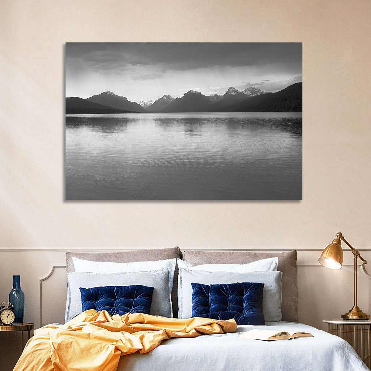 Lake Mcdonald Monochrome Reflection Wall Art in a room, landscape