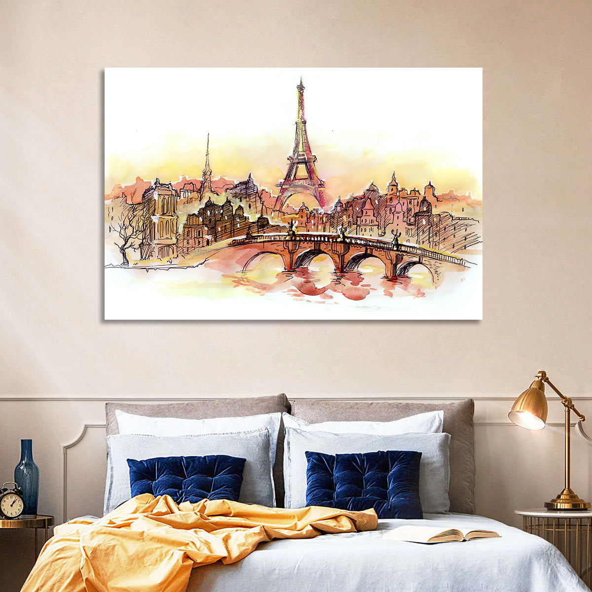 Eiffel Tower Watercolor at Dusk Wall Art in a room, landscape