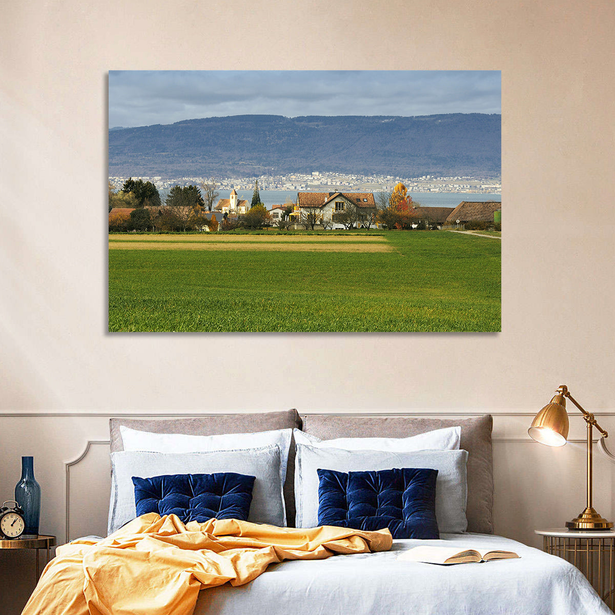 Lake Neuchatel Countryside View Wall Art in a room, landscape