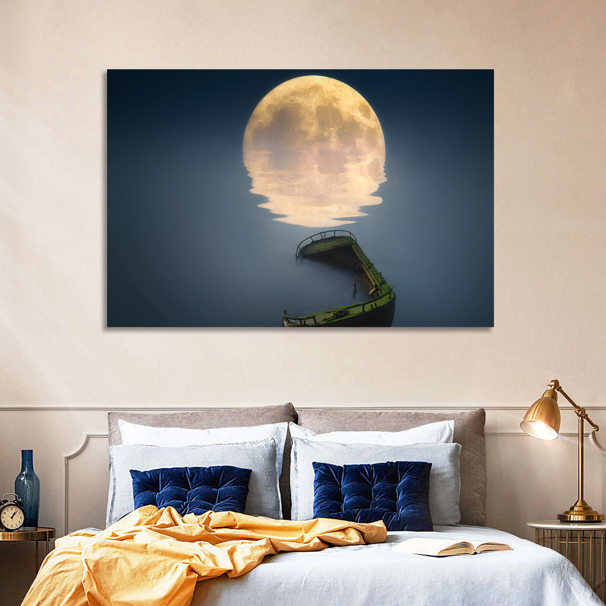 Moonlit Shipwreck Reflection Wall Art in a room, landscape