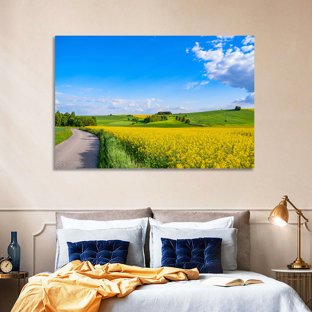 Rapeseed Field Road Under Blue Sky Wall Art