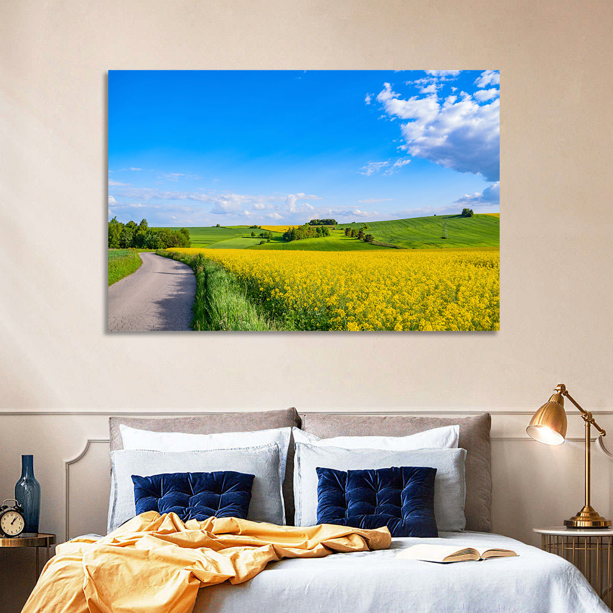 Rapeseed Field Road Under Blue Sky Wall Art in a room, landscape