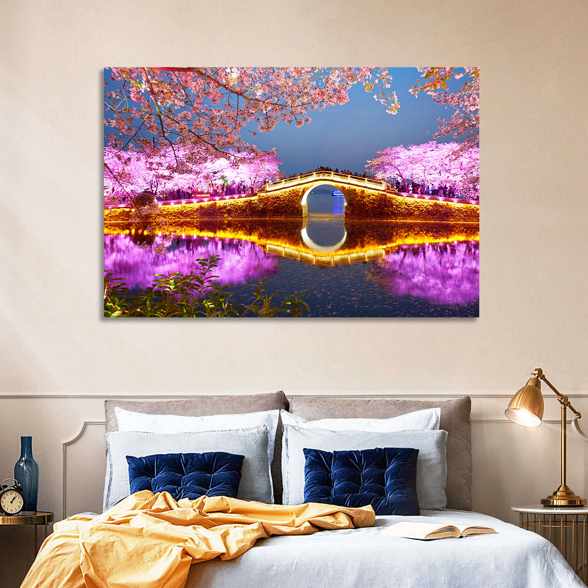 Illuminated Cherry Blossom Bridge Wall Art in a room, landscape