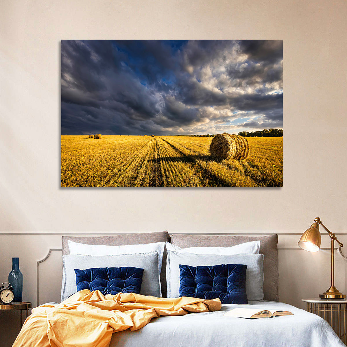 Hay Bale at Golden Hour Wall Art in a room, landscape