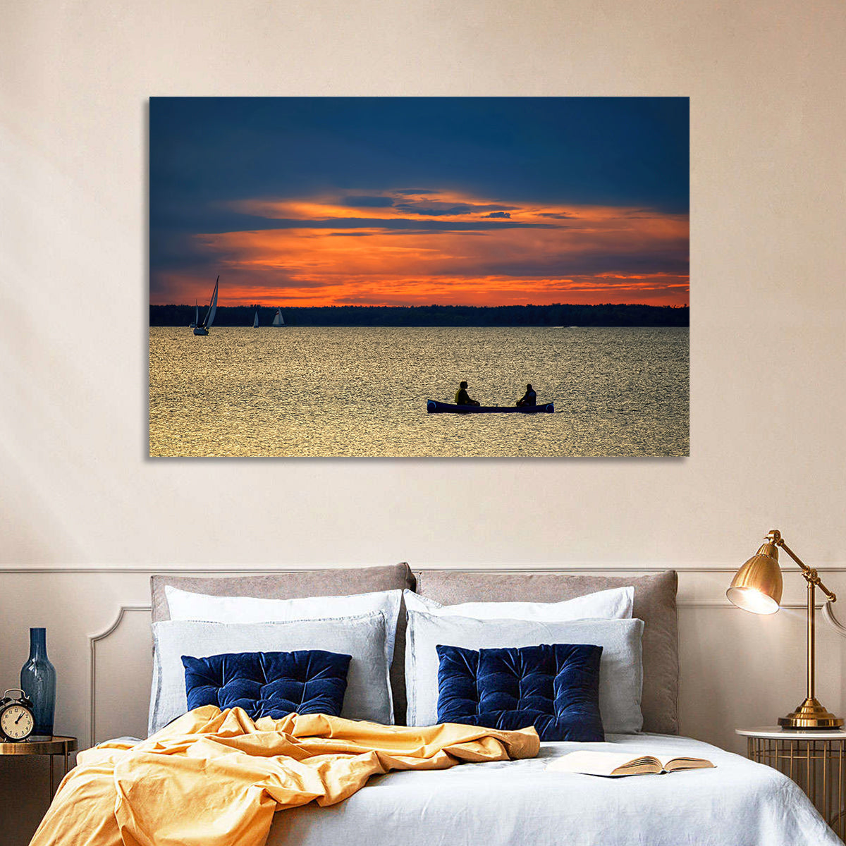 Ottawa River Sunset Canoe Wall Art in a room, landscape