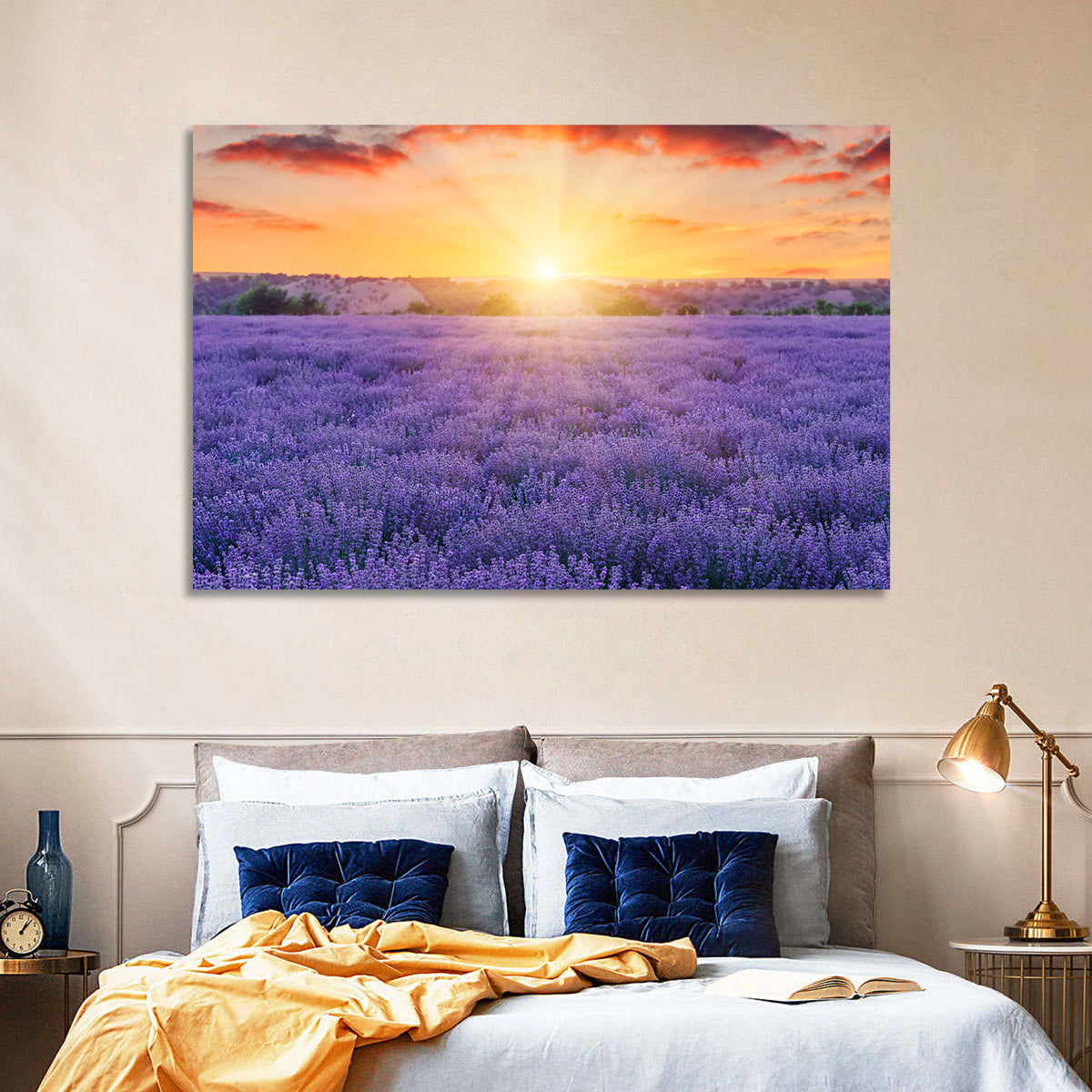 Lavender Field Sunburst Wall Art in a room, landscape