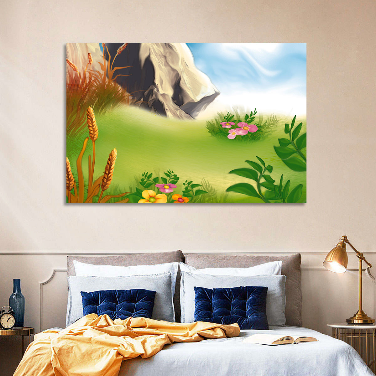 Sunny Mountain Meadow Illustration Wall Art in a room, landscape