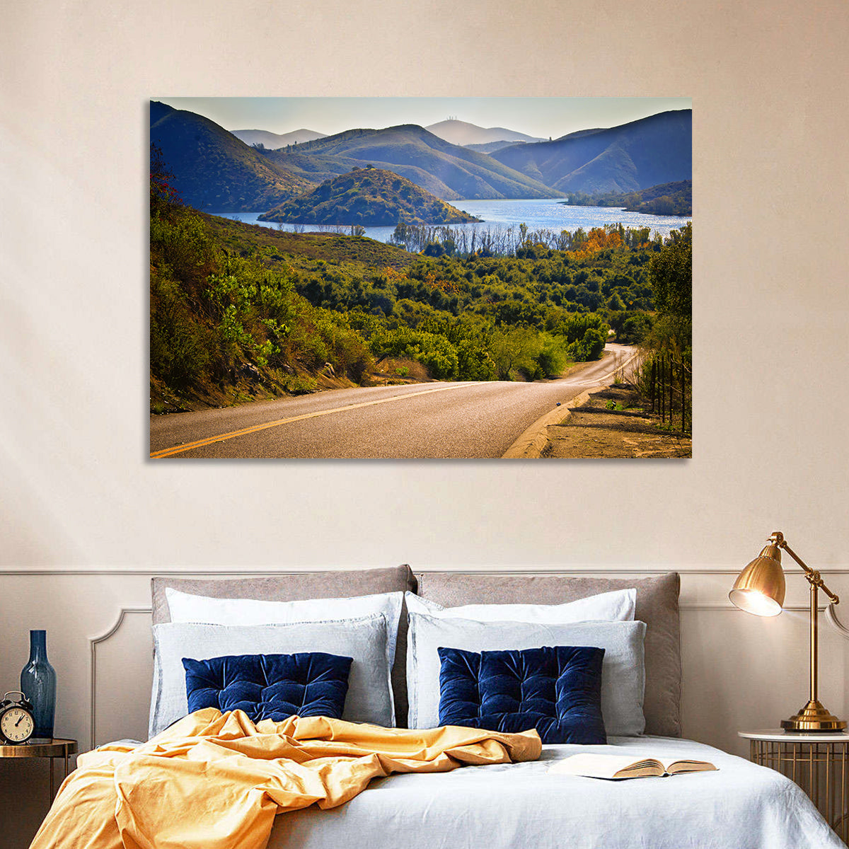 Lake Hodges Roadside Vista Wall Art in a room, landscape