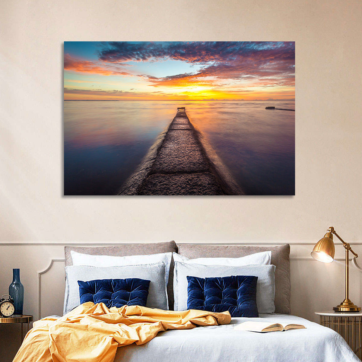 Stone Pier to Glowing Horizon Wall Art in a room, landscape