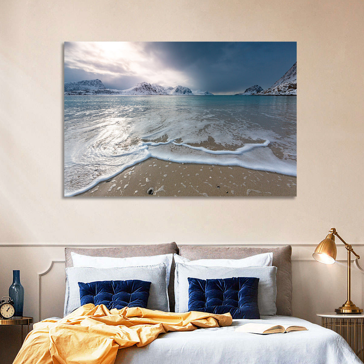 Haukland Beach Winter Light Wall Art in a room, landscape