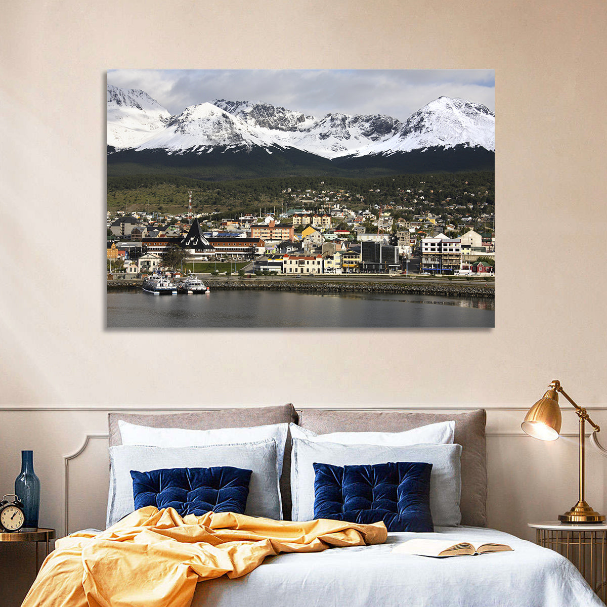 Ushuaia Harbor and Snowcapped Mountains Wall Art in a room, landscape