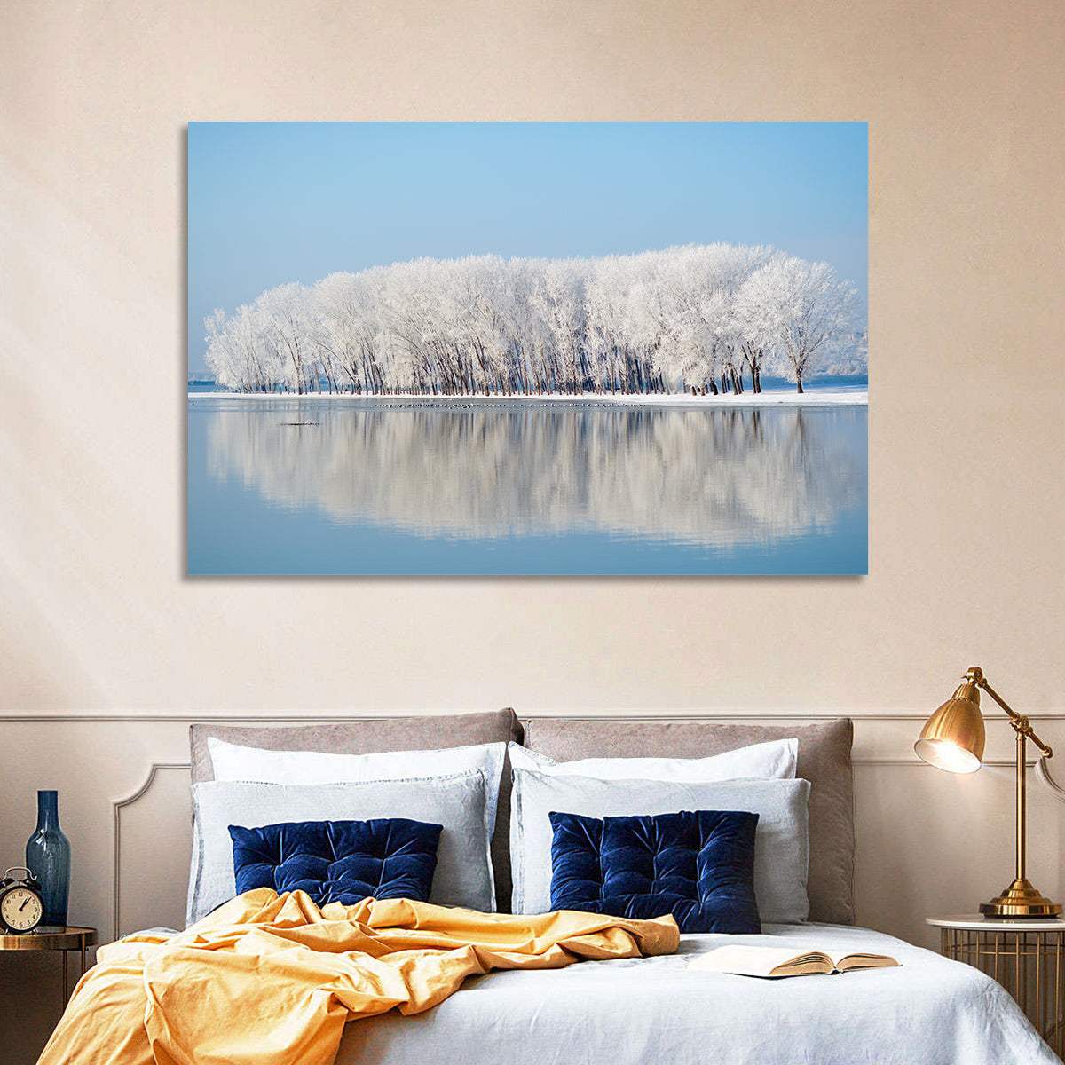 Frost Covered Lakeside Trees Wall Art in a room, landscape