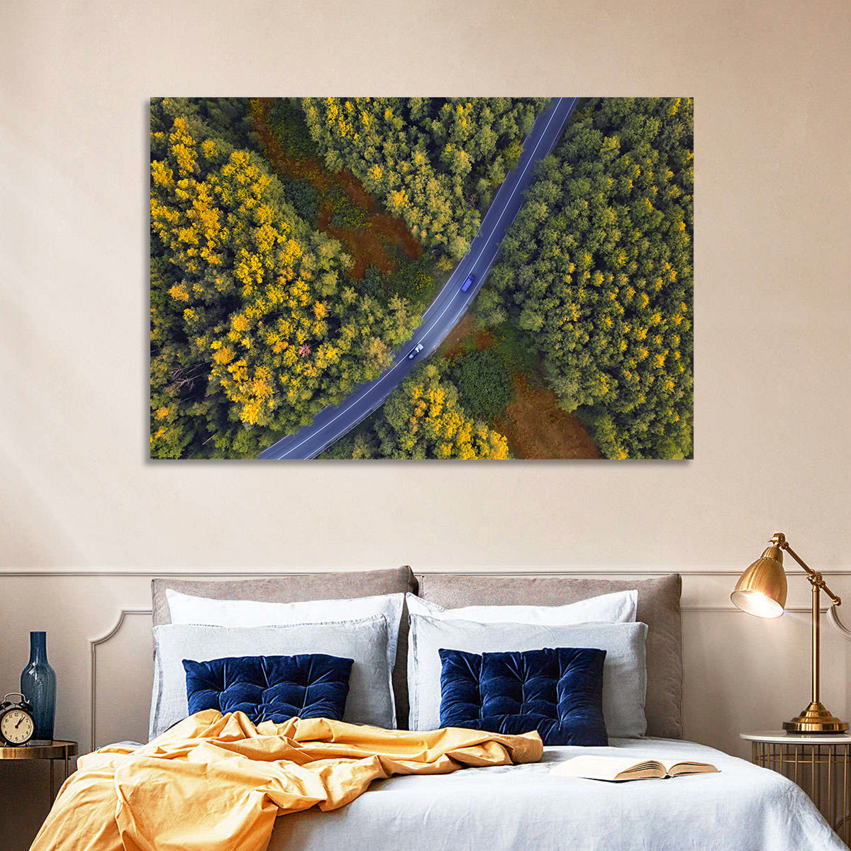 Aerial Autumn Forest Road Wall Art in a room, landscape
