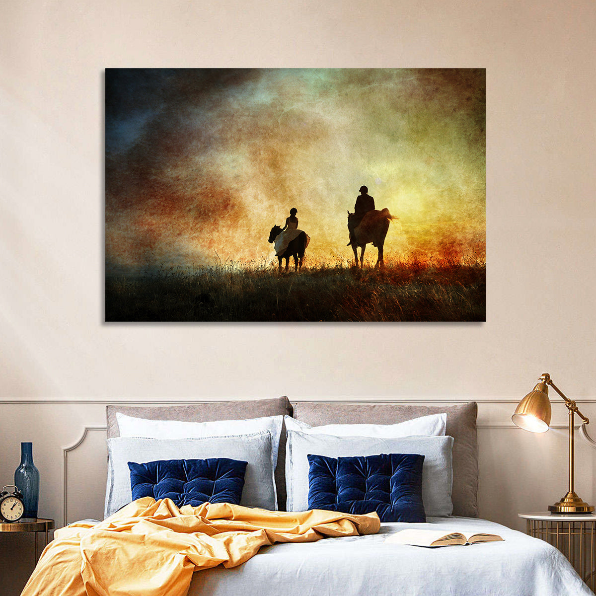 Silhouetted Horse Riders at Sunset Wall Art in a room, landscape