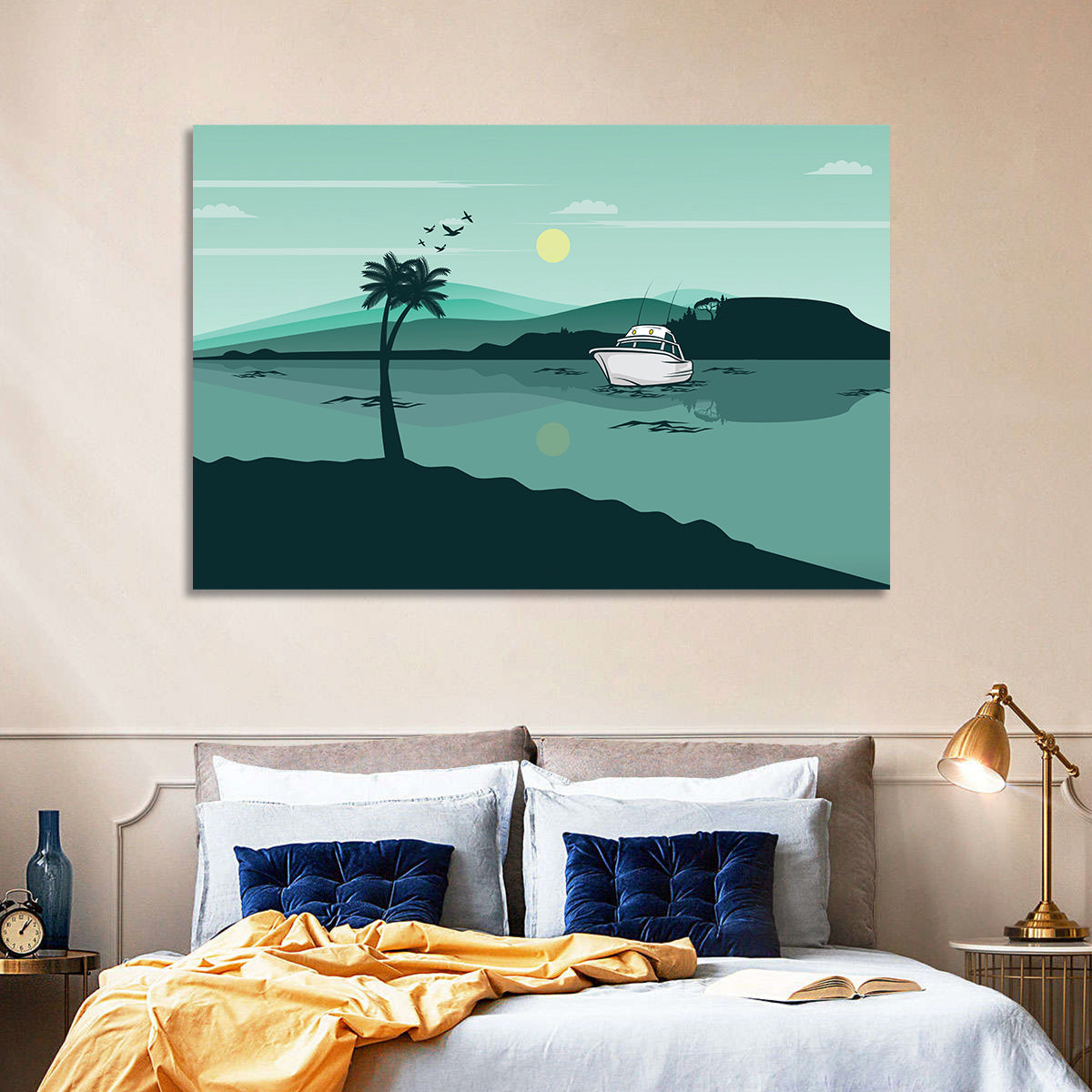 Teal Lake Boat with Palm Tree Wall Art in a room, landscape