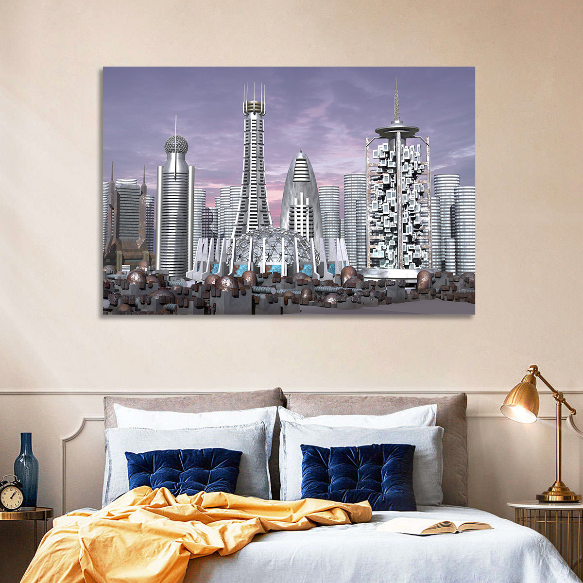 Purple Dusk Futuristic Cityscape Wall Art in a room, landscape