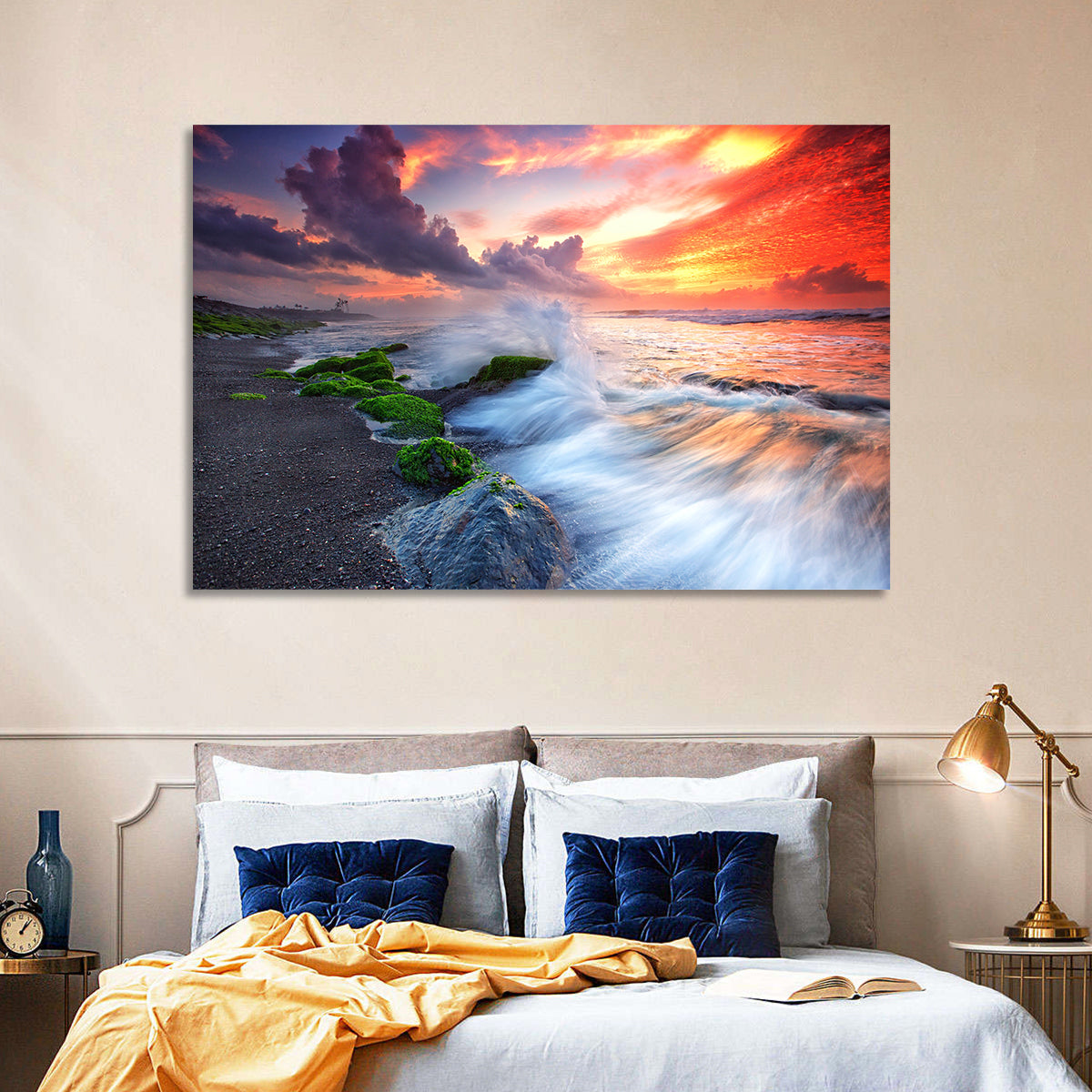Ocean Waves Under Burning Sky Wall Art