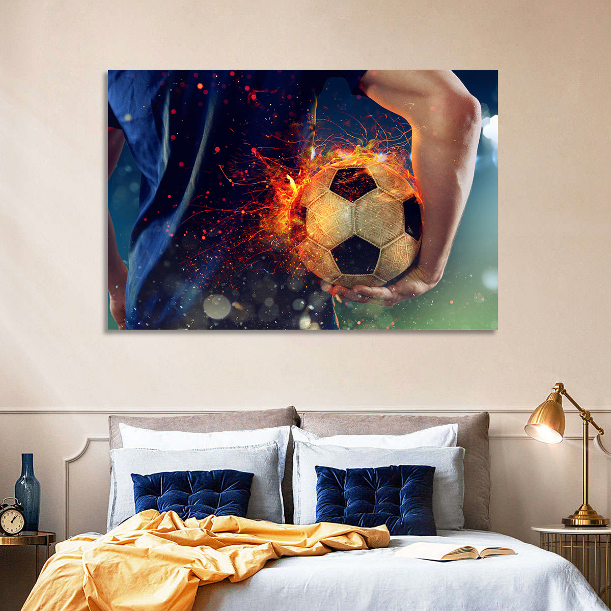 Fiery Soccer Ball and Blue Jersey Player Wall Art in a room, landscape