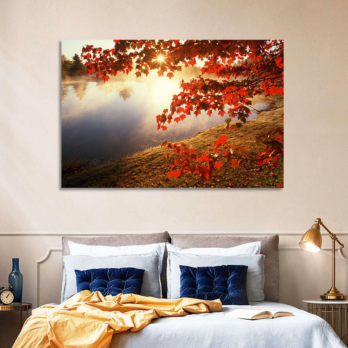 Autumn Pond Sunrise Connecticut Wall Art in a room, landscape