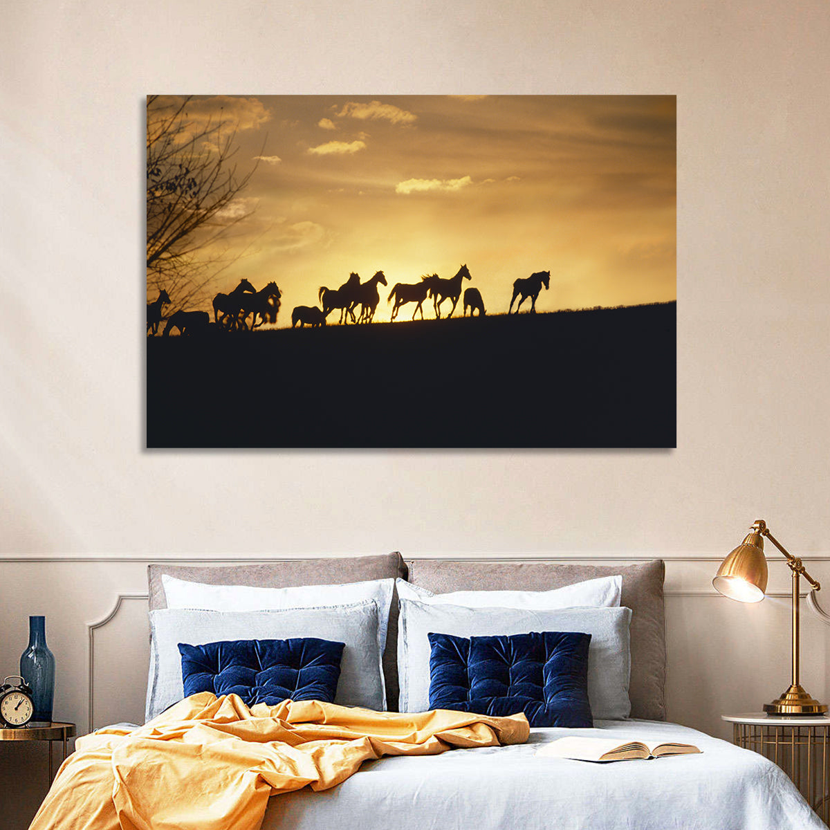 Mustang Silhouettes at Sunset Wall Art in a room, landscape