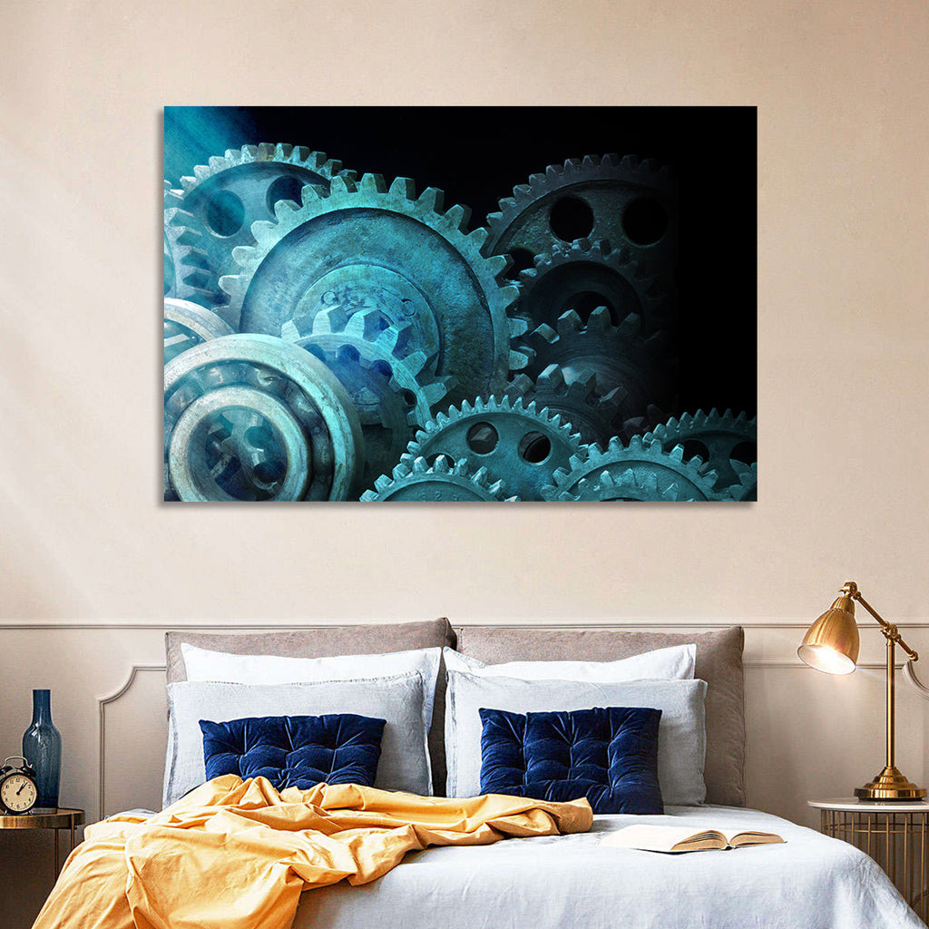 Teal and Steel Cogwheel Close-up Wall Art