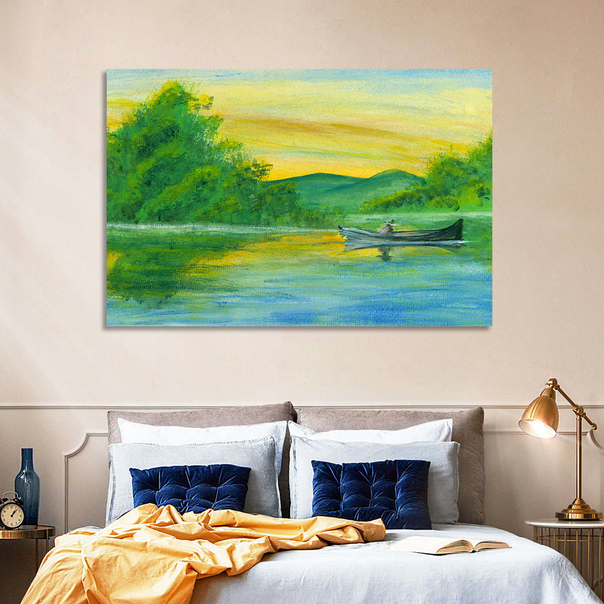 Rowboat on Serene Lake Watercolor Wall Art in a room, landscape