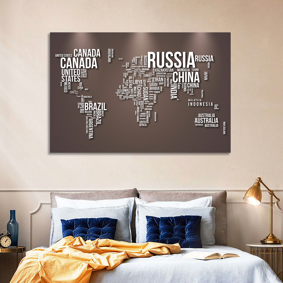 World Map Typography in Brown and White Wall Art in a room, landscape