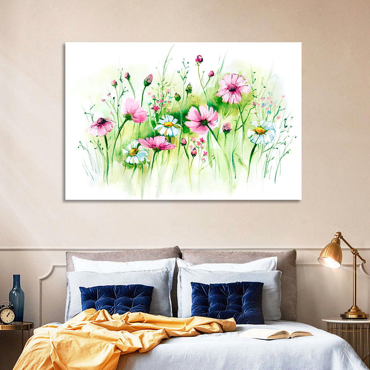 Airy Wildflower Meadow Watercolor Wall Art in a room, landscape