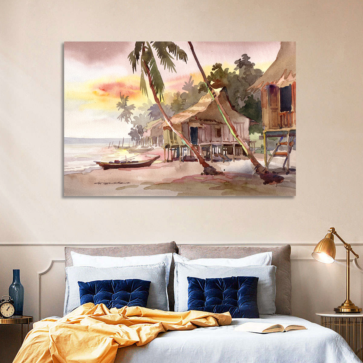Malaysian Coastal Village at Sunset Wall Art in a room, landscape