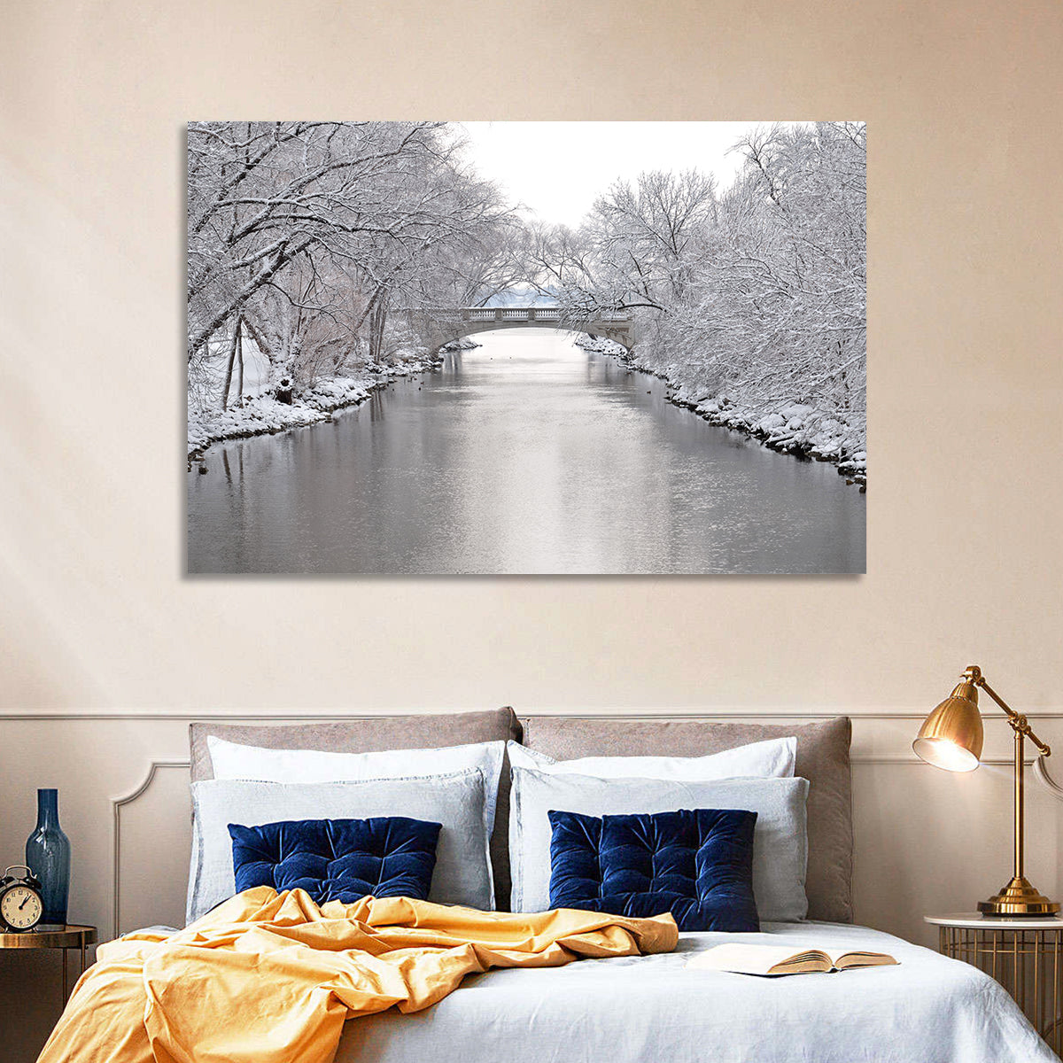 Yahara River Winter Stone Bridge Wall Art in a room, landscape