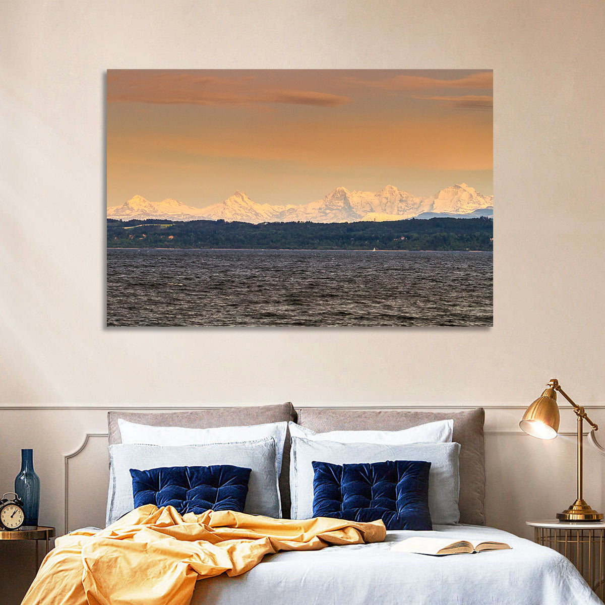 Lake Neuchatel Golden Hour Wall Art in a room, landscape