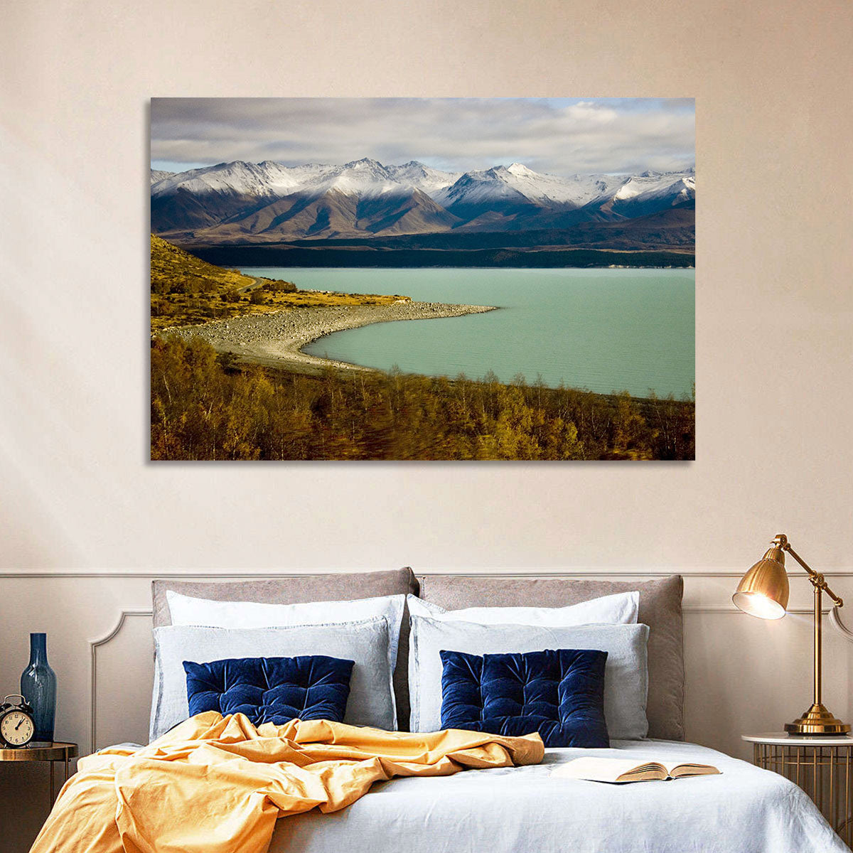 Lake Pukaki Autumn Shoreline Wall Art in a room, landscape