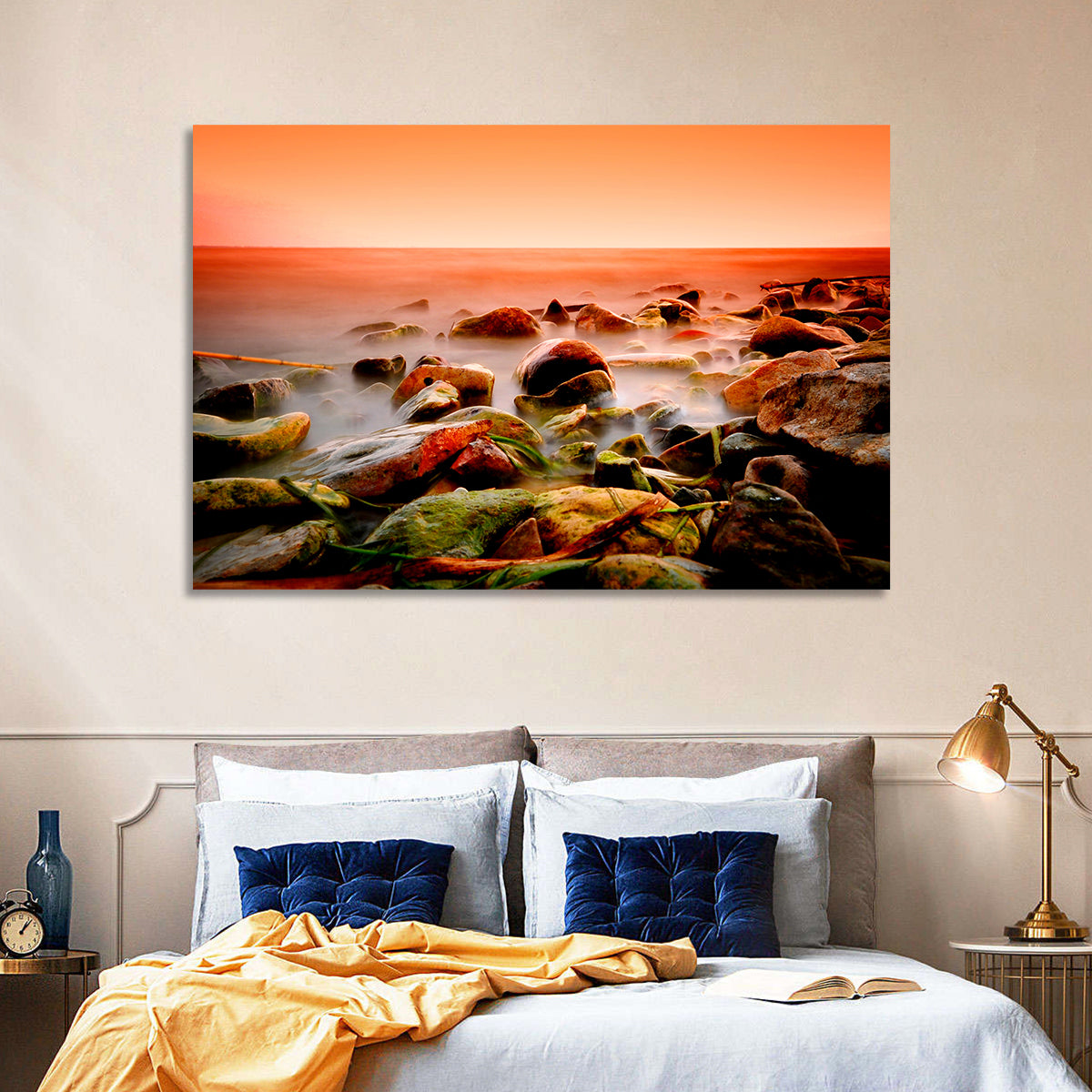 Lake Shore Sunset Wall Art in a room, landscape