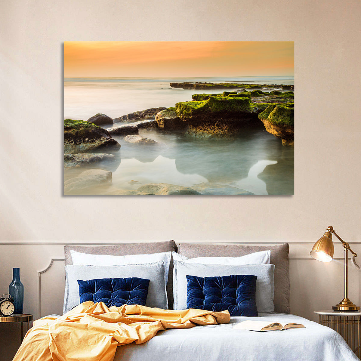 Mossy Rocky Coastline at Golden Hour Wall Art in a room, landscape