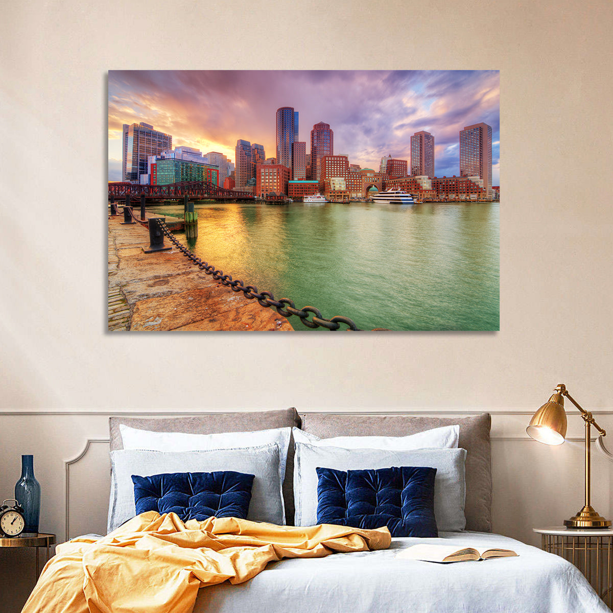 Boston Harbor Skyline at Sunset Wall Art in a room, landscape