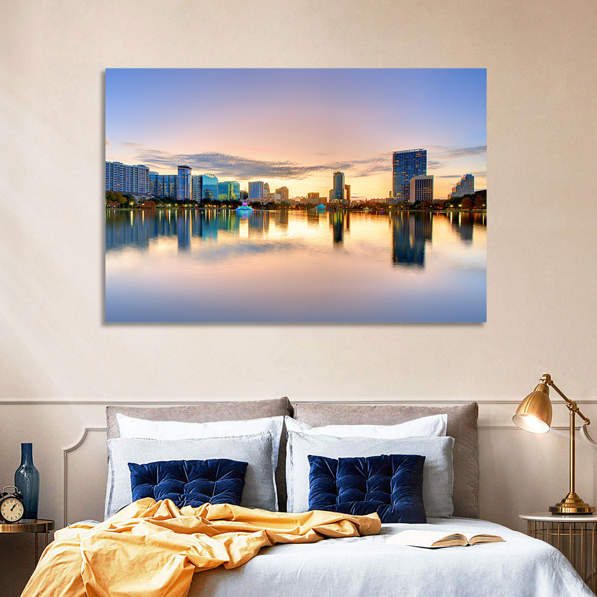 Orlando Skyline at Dusk Wall Art in a room, landscape