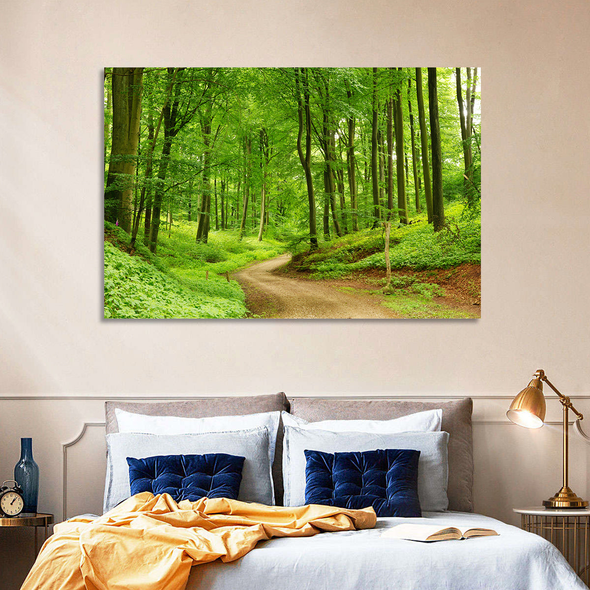 Sunlit Forest Path Wall Art in a room, landscape