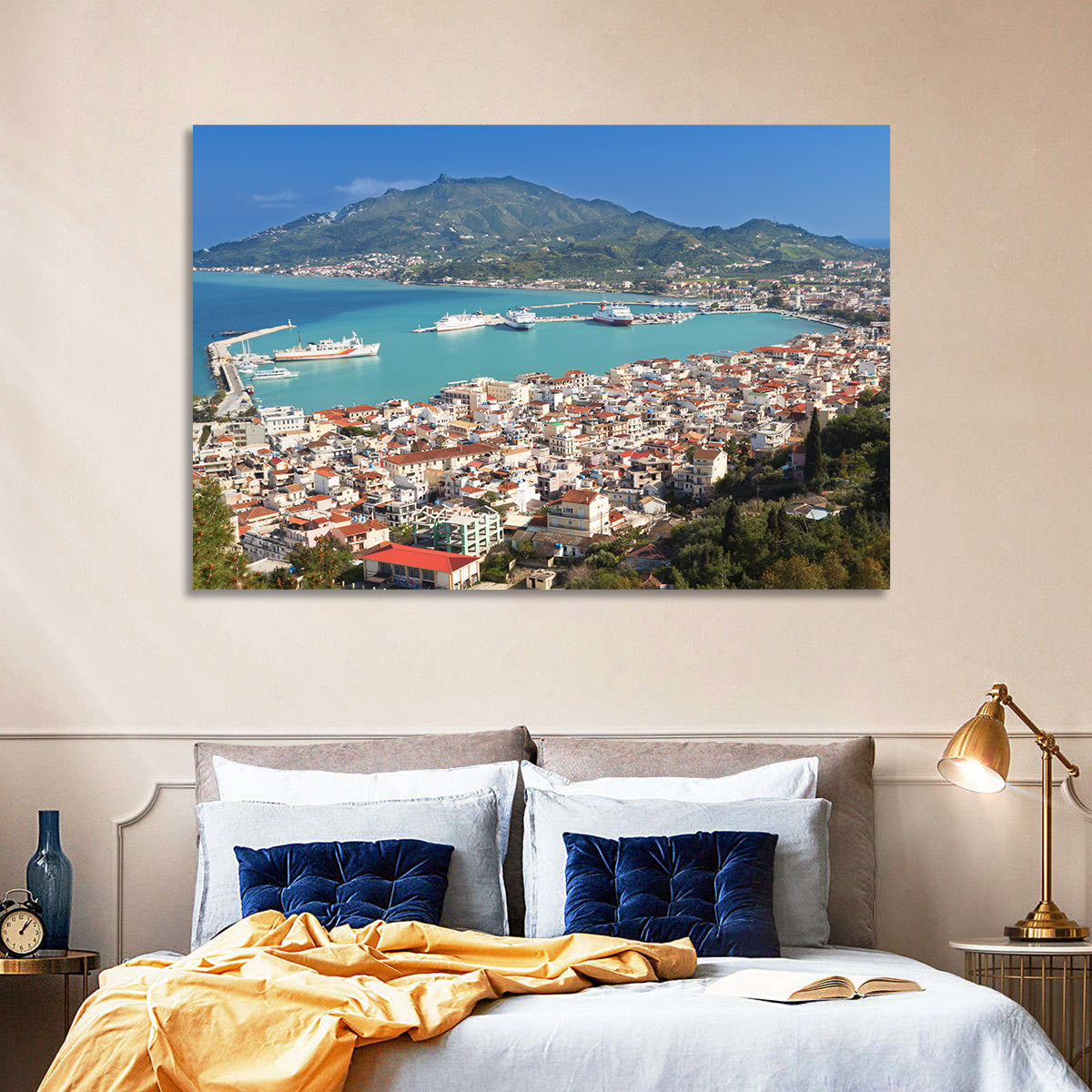Zakynthos Harbor View Wall Art in a room, landscape
