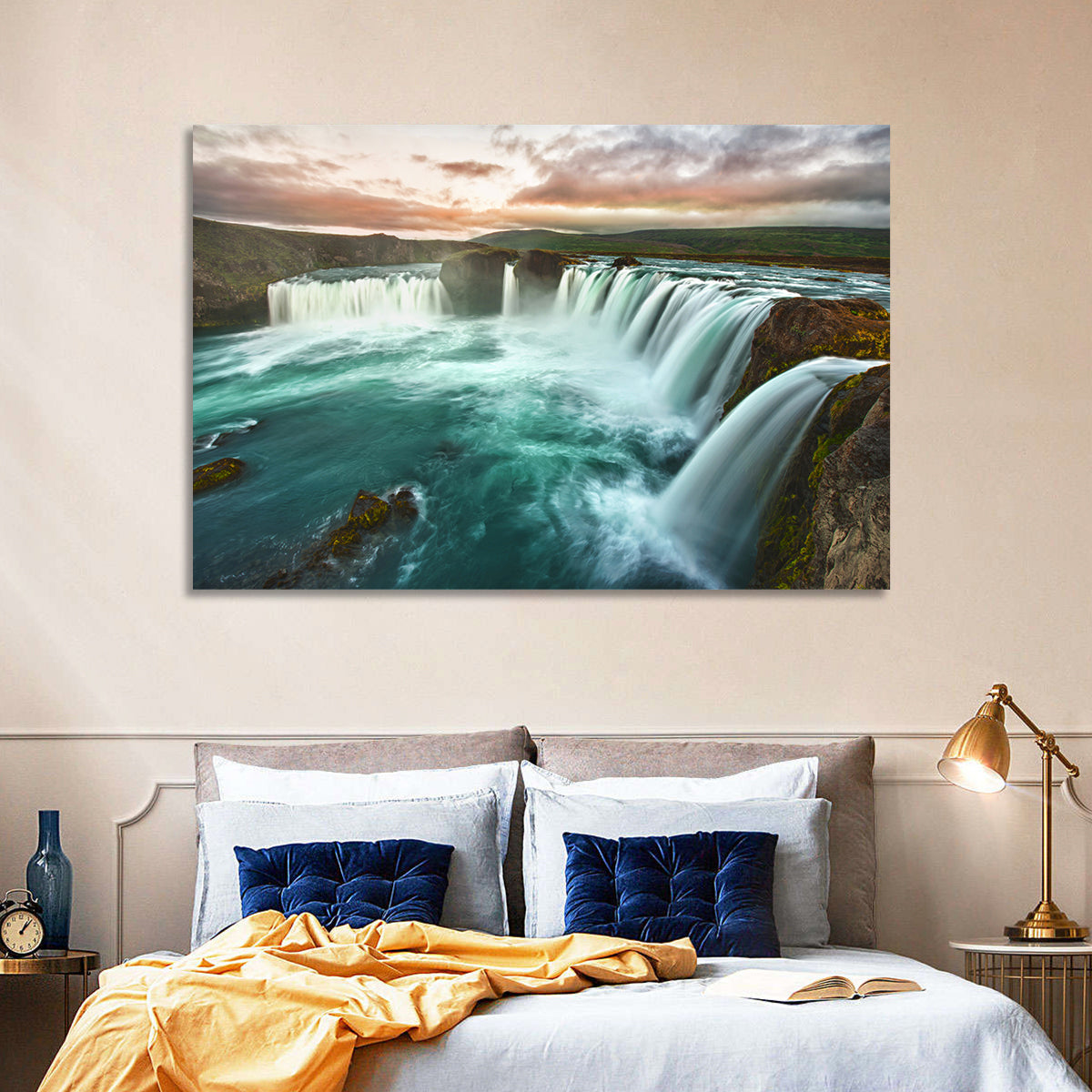 Goðafoss Waterfall at Golden Hour Wall Art in a room, landscape