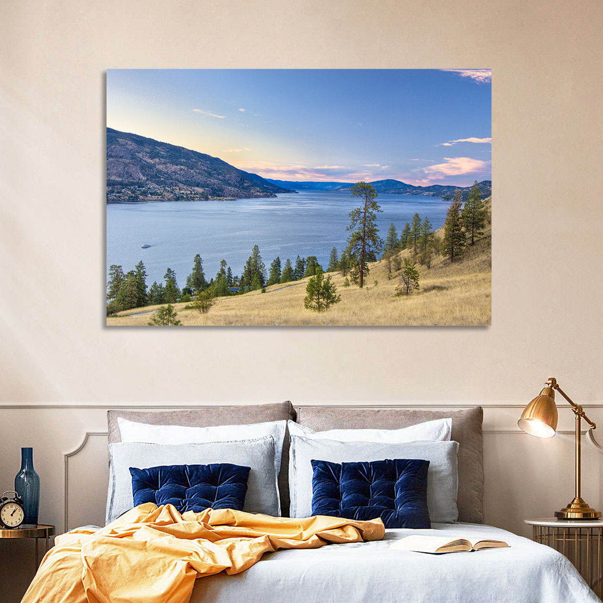 Blue Lake Okanagan Wall Art in a room, landscape