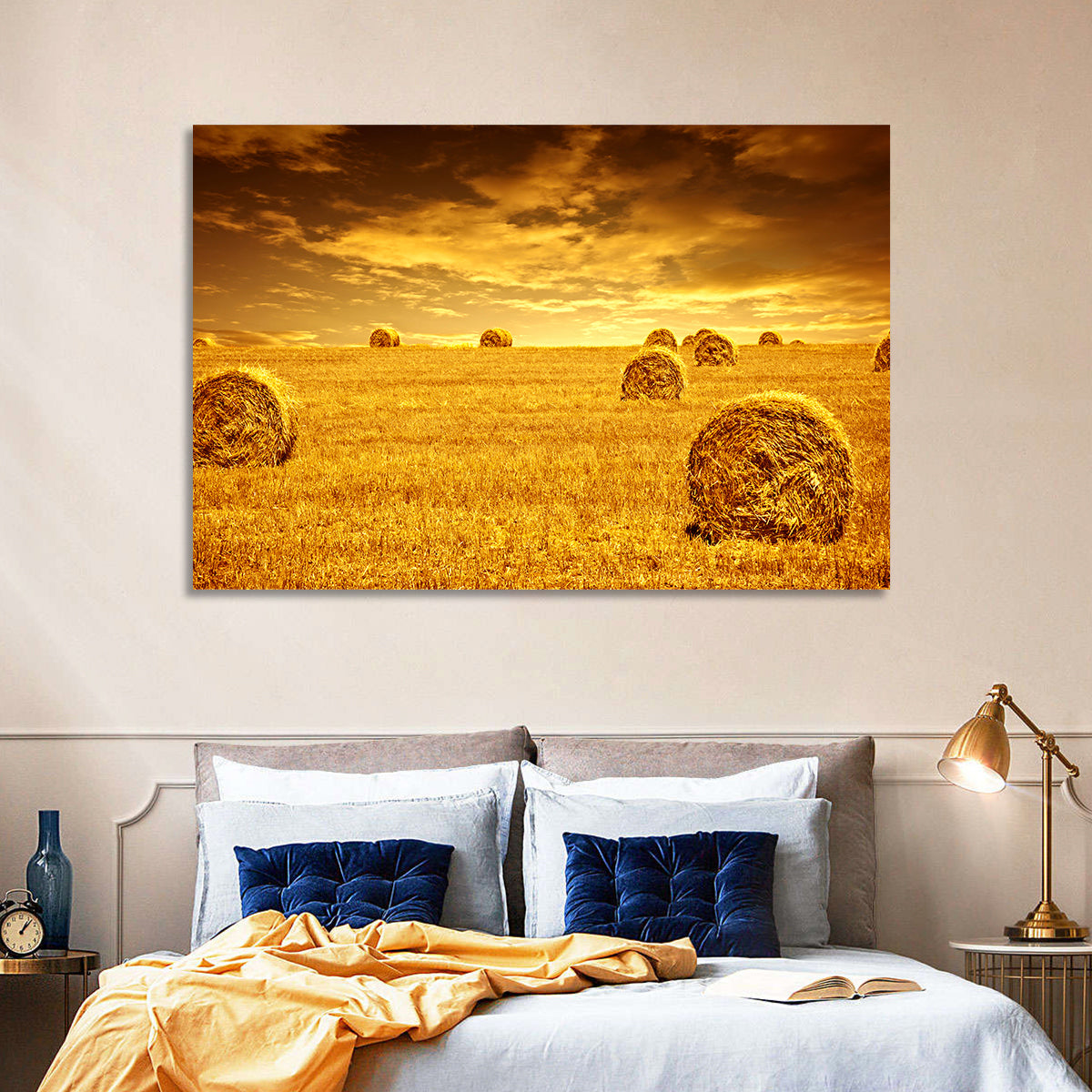 Golden Hour Haystacks Wall Art in a room, landscape