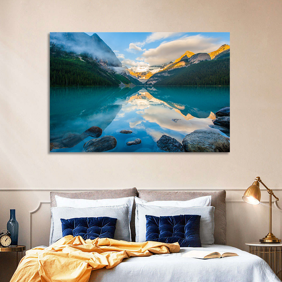 Lake Louise Sunrise Reflection Wall Art in a room, landscape