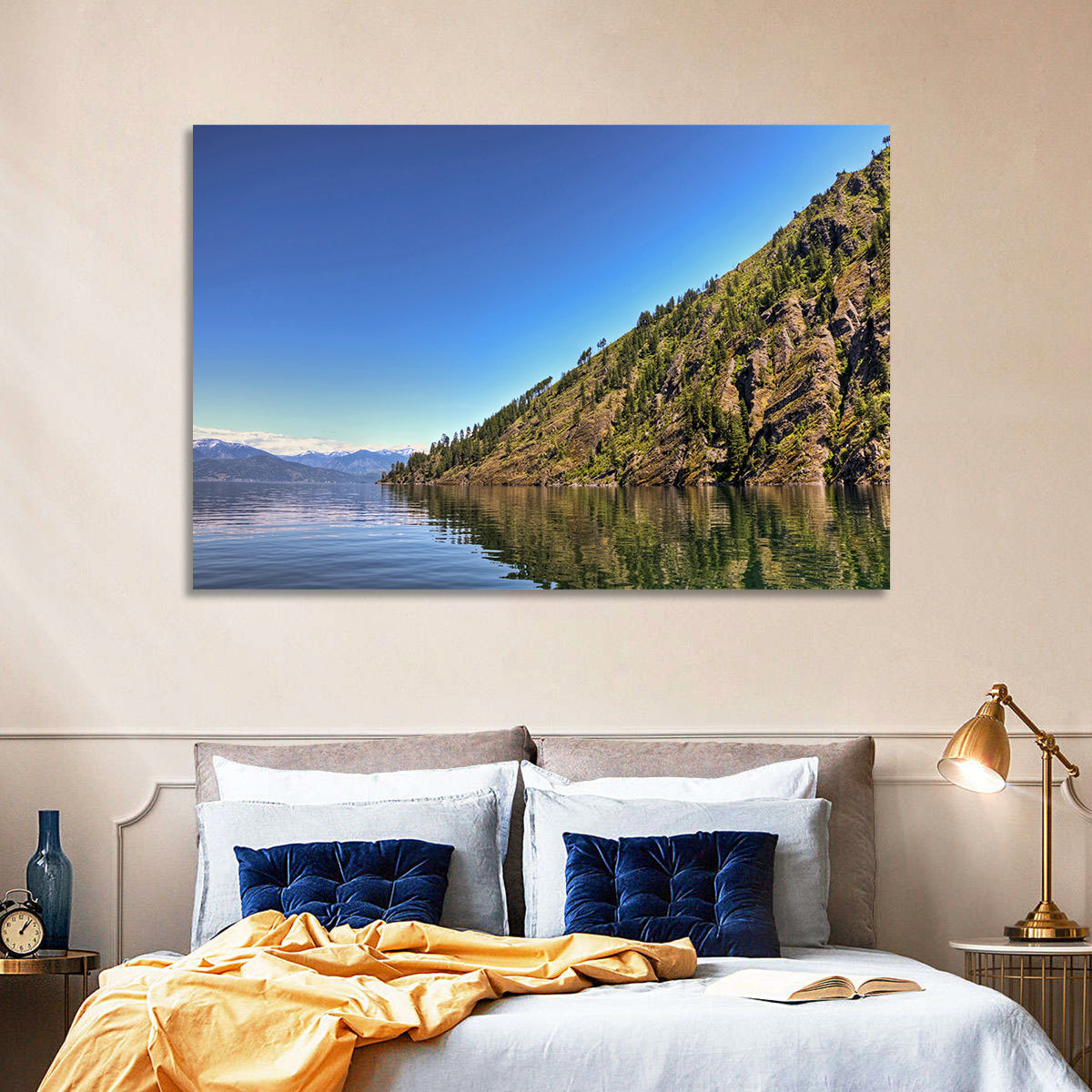 Monarch Mountains Lake Wall Art in a room, landscape